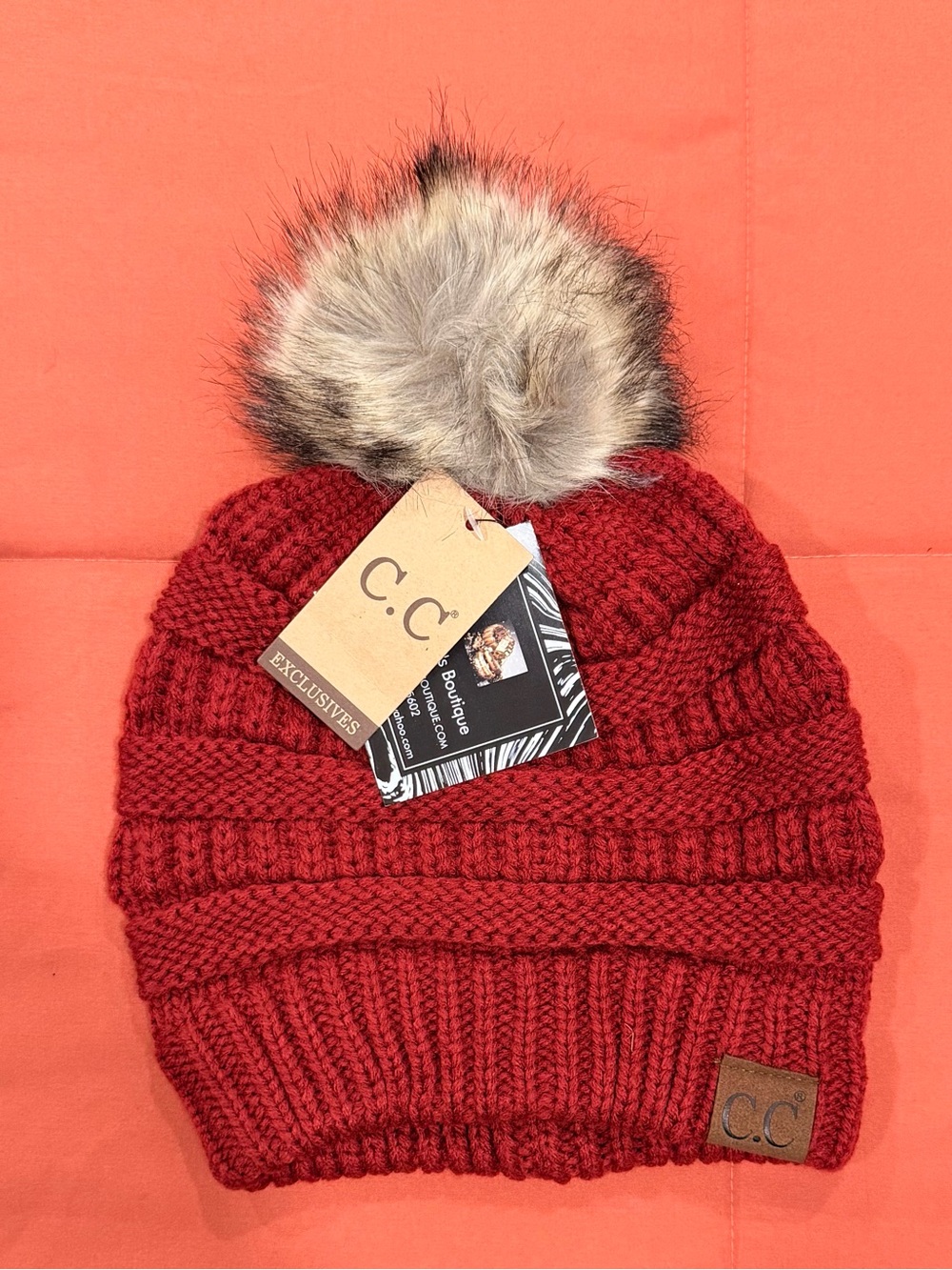 C.C Burgundy Knit Pom Pom Beanie